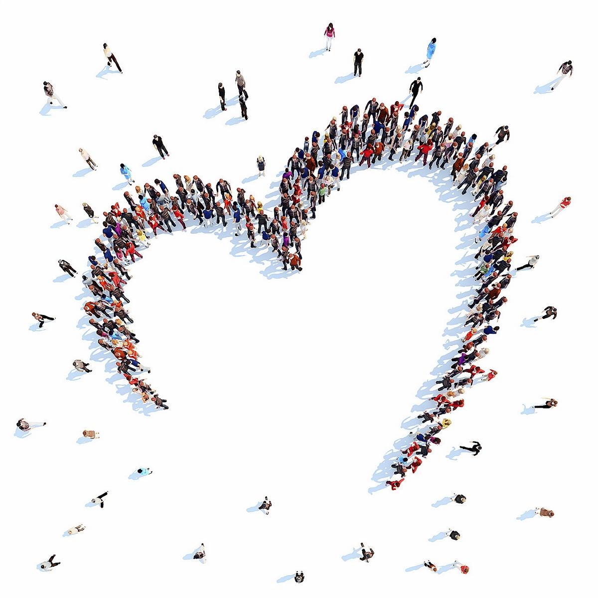 Large group of people in the form of hearts, love. Isolated, white background.